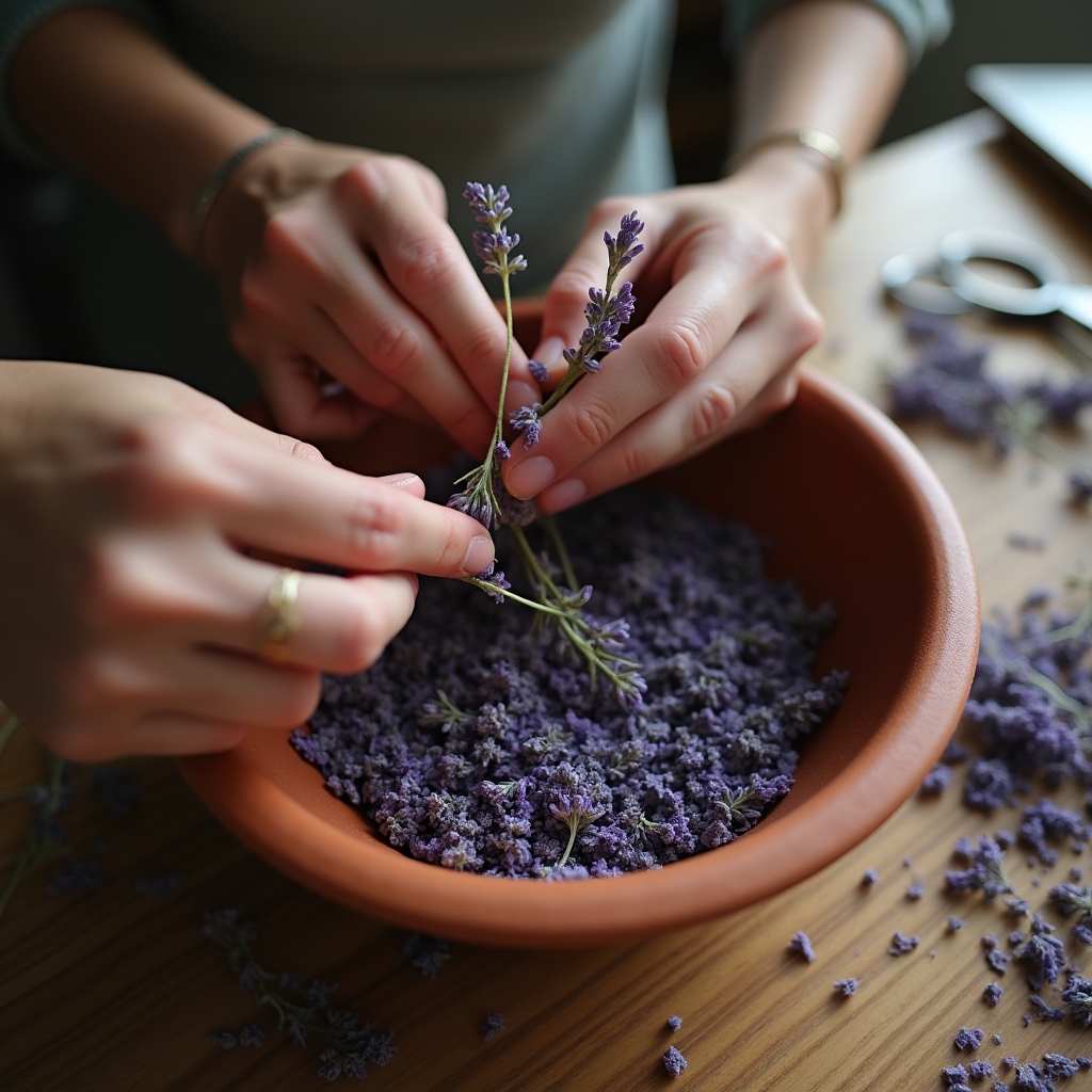 Mani di un'artigiana che sistemano steli di lavanda in una composizione