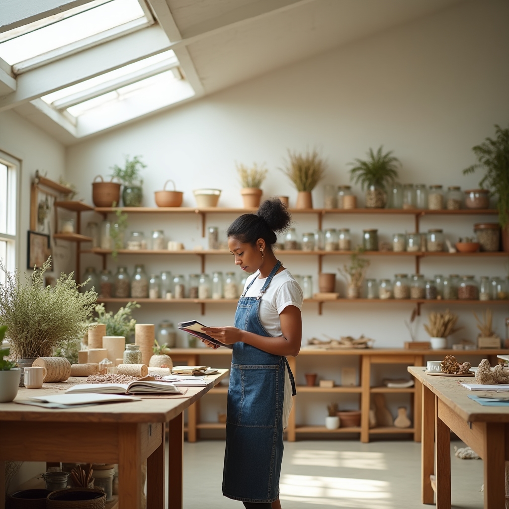 Spazio di lavoro del laboratorio con tavoli in legno e materiali botanici in ordine