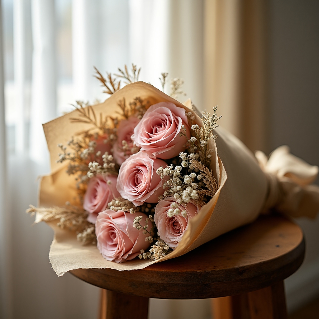 Bouquet eterno di fiori stabilizzati confezionato con carta artigianale