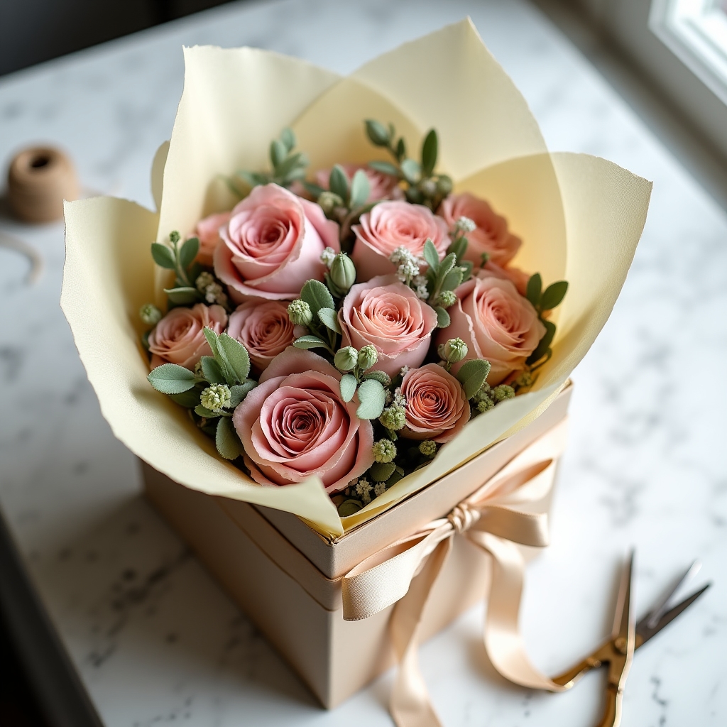 Bouquet eterno confezionato in una scatola regalo con carta velina