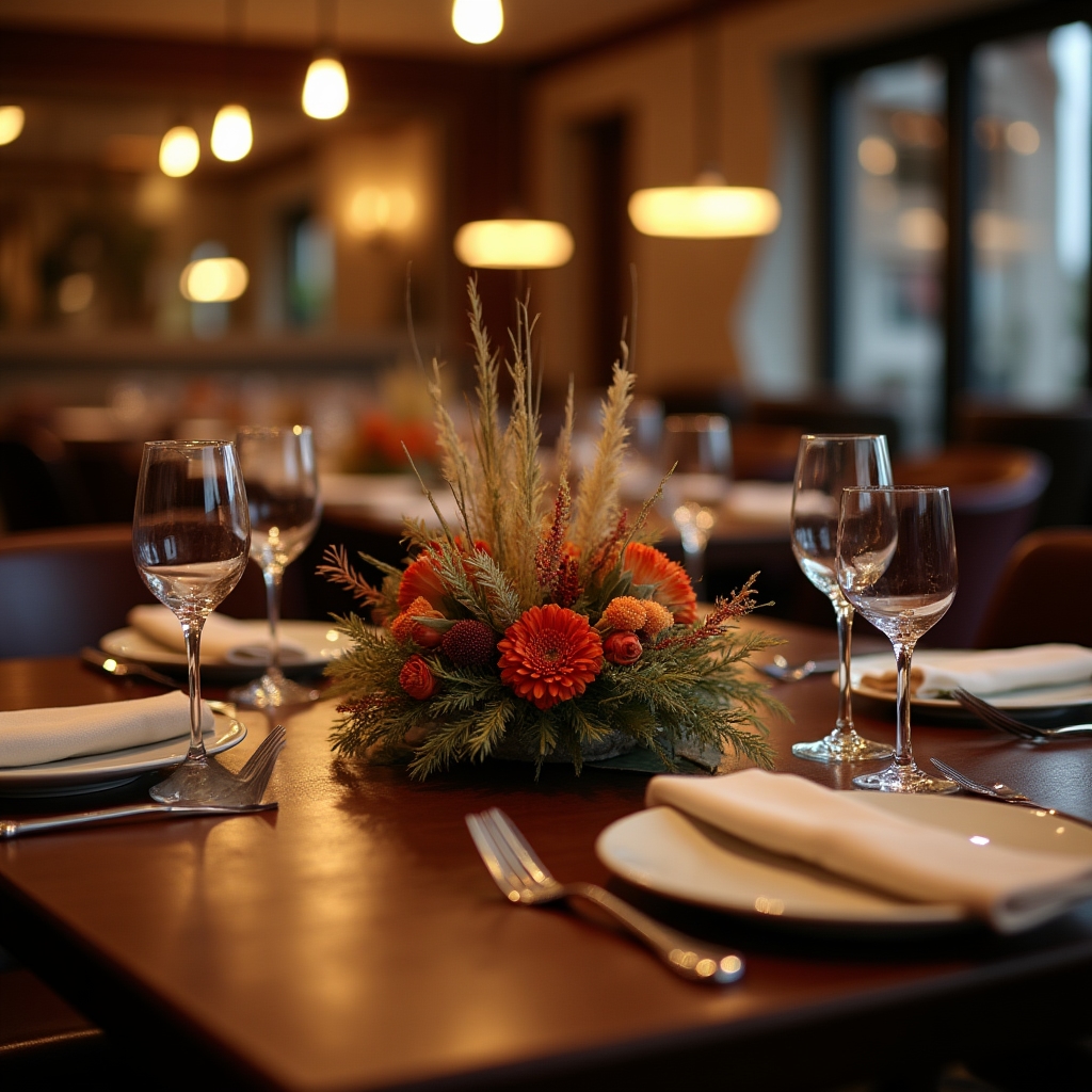 Centrotavola basso con fiori secchi su tavolo di ristorante apparecchiato