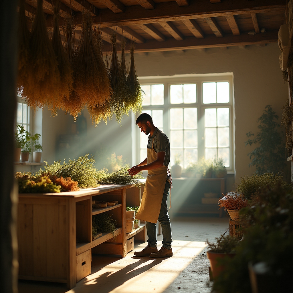 Interno del laboratorio con mazzi di fiori appesi ad essiccare al soffitto